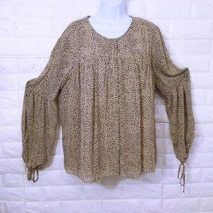 NWT Halston Animal Print Romantic Poet Blouse BabyDoll Top -XL Balloon LSL Beige